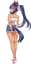 Rule 34 | 1girl, alternate costume, arms behind back, bare shoulders, black hair, blue shorts, breasts, camisole, closed mouth, clothing cutout, crop top, cutoffs, dark-skinned female, dark skin, denim, denim shorts, ear scrunchie, feet, from behind, full body, high heels, highres, hishi amazon (umamusume), legs, long hair, looking at viewer, looking back, nail polish, orange eyes, own hands together, ponytail, sandals, shirt, shorts, simple background, small breasts, smile, solo, strappy heels, suzuki24, tail, tail through clothes, toenail polish, toenails, toes, umamusume, walking, white background, white footwear, white shirt