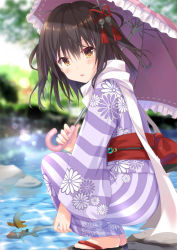 Rule 34 | 10s, 1girl, alternate costume, bad id, bad nicoseiga id, blurry, brown eyes, brown hair, day, depth of field, artistic error, fish, from side, full body, hair between eyes, hair ornament, japanese clothes, kantai collection, kimono, looking at viewer, looking to the side, obi, outdoors, parasol, parted lips, sandals, sash, scarf, sendai (kancolle), sendai kai ni (kancolle), short hair, solo, squatting, takanashi haruto, two side up, umbrella, water, white scarf