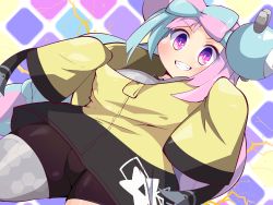 Rule 34 | absurdres, bow-shaped hair, character hair ornament, creatures (company), game freak, hair ornament, hexagon print, highres, iono (pokemon), jacket, long hair, low-tied long hair, multicolored hair, nintendo, oversized clothes, pokemon, pokemon sv, sharp teeth, shinsou komachi, single leg pantyhose, sleeves past fingers, sleeves past wrists, split-color hair, teeth, very long sleeves, x, yellow jacket