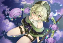 Rule 34 | 1boy, ahoge, black gloves, blush, bow, cloud, gloves, green eyes, green hair, hat, hat bow, highres, holding, holding weapon, in water, legband, male focus, night, night sky, nomi (kurocxx110), open mouth, parted lips, pinocchio (sinoalice), sad, short hair, sinoalice, sitting, sky, solo, staff, star (sky), thighhighs, wariza, water, weapon