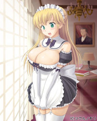 Rule 34 | 1girl, apron, blonde hair, blush, book, breasts, chandelier, cleavage, detached collar, detached sleeves, elbow gloves, female focus, garter straps, gloves, green eyes, kishi nisen, large breasts, long hair, maid, maid headdress, official art, open mouth, portrait (object), solo, thighhighs, white gloves, white thighhighs, window