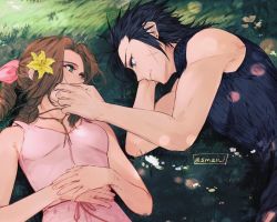 Rule 34 | 1boy, 1girl, aerith gainsborough, bare arms, bare shoulders, black hair, black sweater, blue eyes, bow, breasts, brown hair, commentary request, dress, facial scar, final fantasy, final fantasy vii, flower, grass, hair flower, hair ornament, hetero, highres, jewelry, looking at another, lying, maiii (smaii i), medium breasts, on side, pink bow, pink ribbon, ribbon, scar, scar on cheek, scar on face, sleeveless, smile, square enix, sweater, white flower, yellow flower, zack fair