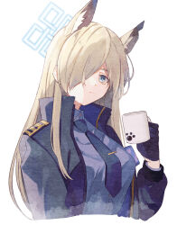 Rule 34 | 1girl, animal ears, black gloves, black jacket, black necktie, blonde hair, blue archive, blue eyes, blue halo, breasts, closed mouth, cup, gloves, hair over one eye, halo, holding, holding cup, jacket, kanna (blue archive), large breasts, long hair, long sleeves, looking at viewer, naoton, necktie, open clothes, open jacket, simple background, solo, upper body, white background