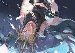Rule 34 | 1boy, absurdres, air bubble, belt, black hair, blonde hair, bubble, chain, chain necklace, closed eyes, dyed bangs, highres, jacket, jacket off shoulders, jewelry, light purple hair, male focus, millennium puzzle, multicolored hair, necklace, off shoulder, roxas (1258062076), solo, tank top, underwater, upper body, upside-down, wrist cuffs, yami yugi, yu-gi-oh!