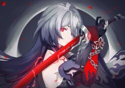 Rule 34 | 1girl, acheron (honkai: star rail), commentary, daru, english commentary, glowing, glowing eyes, hair over one eye, highres, holding, holding sword, holding weapon, honkai: star rail, honkai (series), katana, long hair, looking at viewer, official alternate color, official alternate eye color, official alternate hair color, red eyes, single bare shoulder, solo, sword, very long hair, weapon