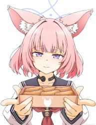 Rule 34 | 1girl, animal ear fluff, animal ears, black sailor collar, blue archive, commentary request, food, fox ears, fox girl, halo, highres, holding, inarizushi, long sleeves, looking at viewer, neckerchief, niko (blue archive), okutama tarou, pink hair, purple eyes, red neckerchief, sailor collar, school uniform, serafuku, short hair, simple background, smile, solo, sushi, throat microphone, twitter username, upper body, white background