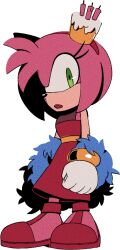 Rule 34 | 1girl, amy rose, animal ears, animal nose, arms at sides, bare shoulders, bob cut, body fur, cake, candle, clenched hand, constricted pupils, digimin, dress, ear covers, feather boa, female focus, flat chest, food, food on head, full body, furry, furry female, gloves, green eyes, hairband, long dress, looking at viewer, non-web source, object on head, official art, open mouth, pink fur, pink hair, red dress, red footwear, red hairband, sash, shaded face, shoes, short hair, sidelocks, simple background, single ear cover, sleeveless, sleeveless dress, solo, sonic (series), standing, the murder of sonic the hedgehog, transparent background, white gloves, wide-eyed, yandere