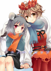 Rule 34 | 2girls, :o, animal ears, brown eyes, brown hair, capelet, color contrast, cover, cover page, gloves, grey hair, hair ornament, holding hands, leaning on person, mouse ears, multiple girls, nagaro, nazrin, red eyes, ribbon, scarf, short hair, sitting, skirt, smile, toramaru shou, touhou, translated