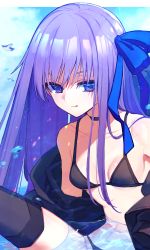Rule 34 | 1girl, absurdres, bare shoulders, bikini, bird, black bikini, black jacket, blue eyes, blue ribbon, blue sky, blush, breasts, choker, closed mouth, collarbone, fate/grand order, fate (series), highres, hood, hooded jacket, jacket, knee up, licking lips, long hair, long sleeves, looking at viewer, meltryllis, meltryllis (fate), meltryllis (swimsuit lancer) (fate), meltryllis (swimsuit lancer) (first ascension) (fate), navel, off shoulder, open clothes, open jacket, penguin, prosthesis, ribbon, sky, sleeves past fingers, sleeves past wrists, small breasts, smile, swimsuit, thighs, tongue, tongue out, water, yamatakabou