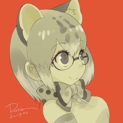 Rule 34 | 10s, 1girl, 2017, alternate eyewear, animal ear fluff, animal ears, bare shoulders, bow, bowtie, cat ears, commentary, dated, elbow gloves, eyelashes, from side, glasses, gloves, highres, kemono friends, looking away, margay (kemono friends), margay ears, margay print, multicolored hair, portrait, red background, rota (bitmap1022), sanpaku, semi-rimless eyewear, sepia, shirt, short hair, signature, smile, solo, spot color, tareme, under-rim eyewear