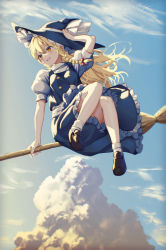 Rule 34 | 1girl, apron, black hat, black skirt, black vest, blonde hair, blue sky, blurry, blurry background, blurry foreground, braid, broom, broom riding, commentary, duplicate, frilled apron, frilled hat, frilled skirt, frills, hair between eyes, hand on headwear, hat, hat ribbon, highres, kirisame marisa, kisamu (ksmz), long hair, looking to the side, pixel-perfect duplicate, puffy short sleeves, puffy sleeves, ribbon, shirt, short sleeves, single braid, skirt, sky, solo, touhou, vest, waist apron, white apron, white shirt, witch hat, yellow eyes