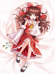 Rule 34 | 1girl, bed sheet, bobby socks, bow, brown eyes, brown hair, daisy, detached sleeves, female focus, flower, from above, hair bow, hakurei reimu, japanese clothes, long hair, looking at viewer, looking up, lying, mary janes, miko, on back, shoes, socks, solo, staring, touhou, tucana