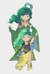 Rule 34 | 2girls, aged up, blue eyes, cape, closed mouth, detached sleeves, dual persona, earrings, final fantasy, final fantasy iv, full body, green hair, hair ornament, highres, jewelry, kebe6p, leotard, long hair, looking at viewer, multiple girls, rydia (ff4), simple background, smile, white background