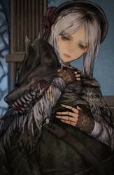 Rule 34 | 1693193543, 1girl, blood, blood on teeth, bloodborne, blue eyes, bonnet, expressionless, fangs, fangs out, grey eyes, grey hair, highres, hug, hunter (bloodborne), lips, looking at another, monster, night, plain doll, puppet, tagme, teeth, torn, torn clothes