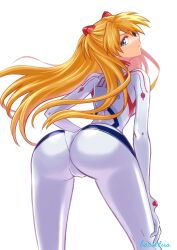 Rule 34 | 1girl, artist name, ass, ass focus, bacillus, blonde hair, blue eyes, bodysuit, breasts, cameltoe, evangelion: 3.0+1.0 thrice upon a time, eyepatch, floating hair, long hair, looking at viewer, looking back, medium breasts, neon genesis evangelion, plugsuit, rebuild of evangelion, shiny clothes, simple background, skin tight, solo, souryuu asuka langley, standing, turtleneck, white background, white bodysuit, wide hips