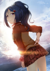 Rule 34 | 1girl, blue hair, blue sky, breasts, brown jacket, brown skirt, closed mouth, cloud, cloudy sky, commentary request, dutch angle, hair ornament, hand on own hip, heart, heart hair ornament, jacket, long hair, long sleeves, looking at viewer, looking back, love live!, love live! sunshine!!, matsuura kanan, mountain, open clothes, open jacket, outdoors, parted bangs, plaid, plaid skirt, pleated skirt, polka dot, polka dot scrunchie, ponytail, purple eyes, red scrunchie, sakasa (guranyto), scrunchie, shirt, sidelocks, skirt, sky, small breasts, solo, sunset, unmoving pattern, water, white shirt, wrist scrunchie