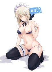Rule 34 | 1girl, armpit crease, artoria pendragon (alter swimsuit rider) (fate), artoria pendragon (alter swimsuit rider) (second ascension) (fate), artoria pendragon (fate), bad id, bad pixiv id, bare arms, bare shoulders, bikini, black bikini, black ribbon, black thighhighs, blonde hair, blush, breasts, breasts apart, bridal garter, choker, closed mouth, collarbone, commentary request, covered erect nipples, fate/grand order, fate (series), frilled choker, frills, full body, groin, hair between eyes, hair ribbon, hand up, head tilt, heart, highres, looking at viewer, maid headdress, medium breasts, navel, nipples, no shoes, qian yuan, ribbon, short hair, side-tie bikini bottom, sitting, smile, solo, stomach, strap pull, swimsuit, thighhighs, wariza, white background, yellow eyes