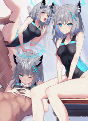 Rule 34 | 1boy, 1girl, animal ear fluff, animal ears, bare arms, bare legs, bare shoulders, black one-piece swimsuit, blue archive, blue eyes, blue halo, breasts, collarbone, competition swimsuit, cross hair ornament, cum, e buki, fellatio, grey hair, hair ornament, halo, hetero, highres, md5 mismatch, medium breasts, medium hair, one-piece swimsuit, oral, paid reward available, penis, sex, shiroko (blue archive), shiroko (swimsuit) (blue archive), swimsuit, wolf ears