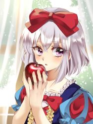 Rule 34 | 10s, 1boy, apple, bad id, bad twitter id, blush, bow, bowtie, collarbone, cosplay, disney, dress, food, frilled dress, frills, fruit, hair bow, holding, holding food, holding fruit, honebami toushirou, ikamiso9898, kanon (ikamiso), looking at viewer, male focus, parted lips, puff and slash sleeves, puffy short sleeves, puffy sleeves, purple eyes, red apple, red bow, red bowtie, short hair, short sleeves, silver hair, snow white, snow white (cosplay), snow white (disney), snow white and the seven dwarfs, solo, sunlight, touken ranbu, trap, upper body