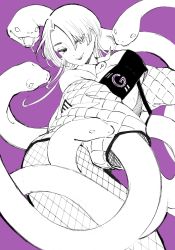 Rule 34 | 1girl, argyle, argyle clothes, argyle jacket, bob cut, breasts, chest belt, choujin x, cleavage, cowlick, curtained hair, detached collar, fangs, fishnets, hair over one eye, highres, large breasts, looking at viewer, medium hair, monochrome, nnicoinu, off shoulder, purple background, simple background, smile, snake, solo focus, thick thighs, thighs, tsumuji nari (choujin x), underboob, white hair, white snake choujin