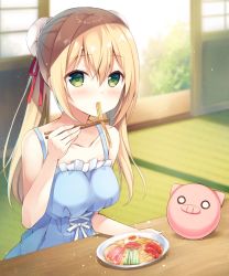 Rule 34 | 1girl, bad id, bad pixiv id, bare arms, bare shoulders, blonde hair, blue dress, blurry, blurry background, breasts, bun cover, chopsticks, collarbone, day, depth of field, double bun, dress, eating, egg, food, green eyes, hair between eyes, hair bun, hair ribbon, holding, holding chopsticks, indoors, long hair, looking at viewer, medium breasts, mouth hold, noodles, original, pig, plate, red ribbon, ribbon, shouji, sitting, sleeveless, sleeveless dress, sliding doors, solo, sparkle, sumisaki yuzuna, sunlight, table, tatami, tomato, twintails
