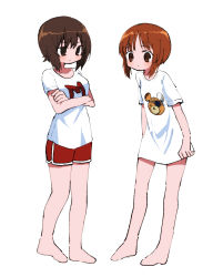 Rule 34 | 2girls, absurdres, barefoot, boko (girls und panzer), brown eyes, brown hair, closed mouth, commentary, crossed arms, dolphin shorts, girls und panzer, highres, light frown, looking at another, looking at viewer, loungewear, multiple girls, nishizumi maho, nishizumi miho, print shirt, red shorts, ri (qrcode), shirt, short hair, short sleeves, shorts, siblings, simple background, sisters, standing, t-shirt, white background, white shirt