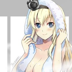 Rule 34 | 10s, 1girl, blonde hair, blue eyes, blush, braid, breasts, cleavage, crown, french braid, hairband, highres, kantai collection, large breasts, long hair, looking at viewer, mini crown, naked towel, smile, solo, the-sinner, towel, towel on head, upper body, warspite (kancolle), wet