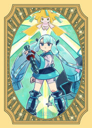 Rule 34 | 1girl, 250en remon, aqua eyes, black skirt, blush stickers, border, clenched hand, closed mouth, commentary request, creatures (company), eyelashes, game freak, gen 3 pokemon, green hair, hair ribbon, hatsune miku, highres, holding, holding instrument, instrument, jacket, jirachi, legendary pokemon, legs apart, long hair, looking at viewer, mythical pokemon, nintendo, pokemon, pokemon (creature), project voltage, ribbon, shirt, shorts, skirt, standing, steel miku (project voltage), twintails, vocaloid, yellow border