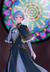 Rule 34 | 1girl, blue hair, braid, brown eyes, capelet, closed mouth, crown braid, dress, fire emblem, fire emblem: three houses, long sleeves, marianne von edmund, mikami, nintendo, solo, stained glass