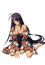 Rule 34 | 1girl, adjusting clothes, antenna hair, armpits, black footwear, black hair, breasts, collarbone, curvy, eyelashes, feet, female focus, fingernails, floral print, full body, geta, gradient background, grey eyes, hair over one eye, half-closed eyes, hand on ground, ikkitousen, japanese clothes, kan&#039;u unchou, kimono, kneeling, large breasts, legs, long hair, looking at viewer, lowres, navel, neck, no bra, off shoulder, sandals, seductive smile, shiny skin, short kimono, short yukata, sidelocks, simple background, smile, thighs, toenails, toes, traditional clothes, very long hair, white background, yukata