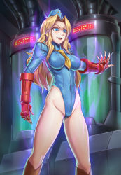 Rule 34 | 1girl, blonde hair, blue eyes, blue hat, blue leotard, brown footwear, cammy white, cammy white (cosplay), commentary request, corruption, cosplay, covered navel, dark persona, eliza masters, feet out of frame, fingerless gloves, garrison cap, gloves, hat, highleg, highleg leotard, highres, leebigtree, leotard, long hair, necktie, red gloves, ribbed leotard, shadaloo dolls, solo, standing, stasis tank, street fighter, street fighter 6, street fighter zero (series), yellow necktie