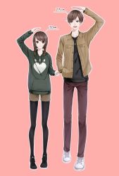Rule 34 | 1boy, 1girl, arm above head, black footwear, black pantyhose, black shirt, bow, brown eyes, brown hair, brown jacket, buttons, closed mouth, collared jacket, commentary request, drawstring, full body, green sweater, hair bow, hair ribbon, height conscious, height difference, highres, hood, hooded jacket, jacket, jewelry, pantyhose under shorts, long hair, long sleeves, looking at another, looking to the side, necklace, open clothes, open jacket, open mouth, original, pants, pantyhose, pink background, pocket, purple pants, ribbon, shirt, shirt tug, shorts, simple background, standing, sweater, tress ribbon, white footwear, yato maru, yellow bow