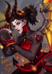 Rule 34 | 1girl, black hair, bodysuit, breasts, catchphrase, dark persona, demon horns, devil mercy, ear piercing, embers, english text, facial mark, forehead mark, glowing, glowing wings, grey background, holding, horns, lips, looking at viewer, mechanical wings, mercy (overwatch), nose, official alternate costume, overwatch, overwatch 1, parted lips, piercing, purple eyes, shattered earth, skull, solo, upper body, watermark, web address, wings