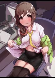 Rule 34 | 1girl, black skirt, blush, braid, brown eyes, brown hair, clothes lift, coffee cup, computer, cup, disposable cup, hair ornament, hair over shoulder, hair scrunchie, highres, idolmaster, idolmaster cinderella girls, keyboard (computer), lifting own clothes, long hair, looking at viewer, monitor, mouse (computer), navel, necktie, scrunchie, senkawa chihiro, shirt lift, single braid, sitting, skirt, solo, woshinon, yellow necktie