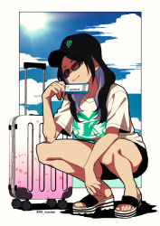Rule 34 | baseball cap, black hair, black hat, black shorts, border, cloud, colored inner hair, hat, kson, kson (person), looking at viewer, luggage tag, multicolored hair, n gyou, real life, rolling suitcase, sandals, shirt, shorts, squatting, suitcase, sun, sunglasses, twitter username, virtual youtuber, vshojo, white border, white footwear, white shirt