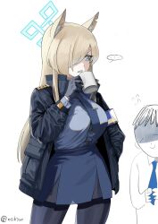 Rule 34 | ..., 1boy, 1girl, animal ears, armband, doodle sensei (blue archive), black gloves, black jacket, black pantyhose, blonde hair, blue archive, blue armband, blue eyes, blue necktie, blue shirt, blue skirt, breasts, clenched teeth, commentary, contrapposto, cup, doodle inset, flying sweatdrops, frown, gloom (expression), gloves, hair over one eye, halo, hand in pocket, highres, holding, holding cup, jacket, kanna (blue archive), large breasts, looking at another, mushroom (osh320), necktie, one eye covered, open clothes, open jacket, pantyhose, parted lips, police, police uniform, scared, sensei (blue archive), shaded face, sharp teeth, shirt, shirt tucked in, short hair, simple background, skirt, smile, solo focus, spoken ellipsis, tareme, teeth, tented shirt, tie clip, twitter username, uniform, v-shaped eyebrows, white background