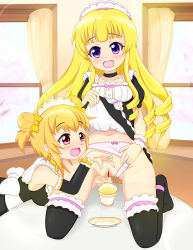 Rule 34 | 2girls, arm warmers, bar censor, battle girl high school, bent over, black dress, black legwear, blonde hair, blush, bow, bow panties, bowtie, breasts, brown hair, censored, cherry blossoms, choker, clothes lift, clothing aside, cup, curtains, double bun, dress, dress lift, fami-r, hair bow, hair bun, highres, kneeling, long hair, looking at viewer, maid headdress, medium breasts, multiple girls, navel, open mouth, panties, panties aside, peeing, peeing in cup, plate, purple eyes, pussy, sendouin kaede, sky, sleeveless, sleeveless dress, smile, spread pussy, standing, thighhighs, tree, underwear, waist bow, waitress, wall, watagi michelle, white panties, window, wristband, yellow neckwear
