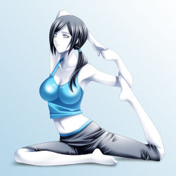 Rule 34 | 1girl, barefoot, black hair, breasts, capri pants, colored skin, flexible, grey eyes, highres, impossible clothes, large breasts, long hair, midriff, navel, nintendo, pants, ponytail, simple background, smile, solo, spandex, tamamon, tank top, white skin, wii fit, wii fit trainer, wii fit trainer (female), yoga