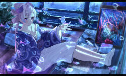 Rule 34 | 1girl, absurdres, alternate hairstyle, aquarium, blue hair, blue kimono, bow, bow-shaped hair, breasts, bubble, cleavage, closed mouth, colored tips, commentary request, coral, fish, full body, geez, genshin impact, hakama, highres, horns, index finger raised, japanese clothes, kimono, letterboxed, long hair, long sleeves, looking at viewer, magnifying glass, multicolored hair, plant, potted plant, purple horns, sangonomiya kokomi, single bare shoulder, small breasts, smile, socks, solo, waist bow, water, white hakama, white socks