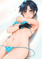 Rule 34 | 1girl, ahoge, arm under breasts, armpits, bababababan, bad id, bad pixiv id, bare shoulders, bikini, black gloves, black hair, black survival, blue bikini, blue eyes, blue hair, blush, breasts, checkered bikini, checkered clothes, commentary, covered erect nipples, cowboy shot, dyed ahoge, earrings, flying sweatdrops, gloves, highres, jewelry, looking at viewer, lying, medium breasts, multicolored hair, navel, on back, presenting armpit, short hair, silvia piquet, solo, spread armpit, stomach, sweat, swimsuit, two-tone hair, untied bikini