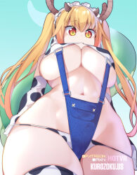 Rule 34 | 1girl, animal print, blonde hair, breasts, cow print, dragon girl, dragon tail, elbow gloves, fang, fang out, gloves, horns, hot vr, kobayashi-san chi no maidragon, large breasts, maid headdress, mouth hold, multicolored eyes, multicolored hair, navel, orange eyes, pink hair, pixiv username, print gloves, print thighhighs, red eyes, revealing clothes, slit pupils, solo, tail, thighhighs, tohru (maidragon), twintails, underboob