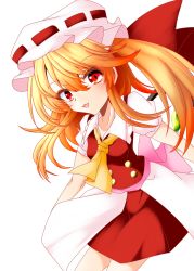 Rule 34 | 1girl, ascot, blonde hair, breasts, collarbone, collared shirt, cowboy shot, fang, flandre scarlet, frilled shirt collar, frills, hair between eyes, hat, highres, long hair, looking at viewer, mob cap, muumuu (sirufuruteienn), one-hour drawing challenge, open mouth, puffy short sleeves, puffy sleeves, red eyes, red skirt, red vest, shirt, short sleeves, simple background, skirt, small breasts, solo, touhou, vest, white background, white hat, white shirt, yellow ascot
