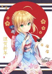 Rule 34 | 1girl, ahoge, alternate costume, artoria pendragon (all), artoria pendragon (fate), bad id, bad pixiv id, blonde hair, blue kimono, blush, bowl, chopsticks, eating, fate/stay night, fate (series), floral background, floral print, food, green eyes, holding, japanese clothes, kimono, long sleeves, looking at viewer, mochi, narusegawa riko, new year, obi, paw print, paw print background, saber (fate), sash, short hair, sidelocks, signature, sitting, solo, translation request, wagashi, wide sleeves, yukata