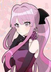 Rule 34 | 1girl, alternate hairstyle, bare shoulders, black bow, black gloves, bow, breasts, collarbone, commentary request, danganronpa: trigger happy havoc, danganronpa (series), danganronpa 10th anniversary costume, dress, elbow gloves, floral background, floral print, flower, gloves, grey background, hair bow, hair intakes, hanabishi, hand up, kirigiri kyoko, long hair, looking at viewer, medium breasts, official alternate costume, parted lips, pink background, ponytail, purple flower, purple hair, solo, upper body, very long hair