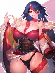 Rule 34 | 1girl, adiane, bare shoulders, black panties, blue hair, breasts, cleavage, corset, covered erect nipples, dress, eyepatch, foreshortening, fumio (rsqkr), fur trim, highres, large breasts, lipstick, long hair, long sleeves, makeup, off shoulder, oversized limbs, panties, parted lips, purple hair, red eyes, scorpion, scorpion tail, sharp teeth, smirk, solo, standing, tail, tattoo, teeth, tengen toppa gurren lagann, thick thighs, thighs, thong, underwear, wide hips