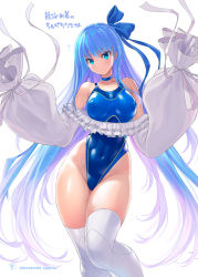 Rule 34 | 1girl, blue eyes, blue hair, blue one-piece swimsuit, blue ribbon, commentary request, competition swimsuit, covered erect nipples, covered navel, fate/grand order, fate (series), feet out of frame, gluteal fold, gradient hair, hair ribbon, highleg, highleg swimsuit, hood, hood up, looking at viewer, meltryllis, meltryllis (fate), meltryllis (swimsuit lancer) (fate), meltryllis (swimsuit lancer) (second ascension) (fate), mizuno (brand), multicolored hair, nyanko batake, one-piece swimsuit, ribbon, simple background, sleeves past fingers, sleeves past wrists, solo, swimsuit, thigh gap, thighhighs, translation request, white background, white thighhighs