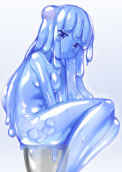 Rule 34 | 1girl, :o, blue background, bowl, breasts, commentary request, completely nude, core, gradient background, grey background, hair bun, highres, ice, ice cube, long hair, looking at viewer, medium breasts, monster girl, naka (cheeseyeast), navel, nude, original, parted lips, side bun, single hair bun, single side bun, sitting, slime girl, solo, very long hair