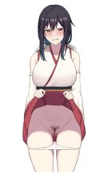 Rule 34 | 1girl, black hair, breasts, cleft of venus, clenched teeth, clothes lift, collarbone, detached sleeves, embarrassed, epaulettes, female pubic hair, gluteal fold, highres, kantai collection, large breasts, looking at viewer, medium hair, nontraditional miko, panties, panty pull, pubic hair, red eyes, red skirt, ribbon-trimmed sleeves, ribbon trim, simple background, skirt, skirt lift, solo, takaman (gaffe), teeth, textless version, underwear, upper body, white background, white panties, wide sleeves, yamashiro (kancolle)