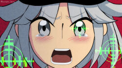 Rule 34 | 1other, androgynous, blush, commentary request, fujiwara no shirogane no sanra, grey hair, highres, katanagatari, len&#039;en, no sclera, open mouth, other focus, ougi hina, parody, red background, short hair, simple background, solo, style parody, tearing up, twitter username