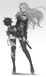 Rule 34 | 1girl, armor, armored dress, belt, breasts, choker, cleavage, contrapposto, earrings, greyscale, jewelry, kilart, long hair, mace, monochrome, original, simple background, solo, standing, thighhighs, vambraces, weapon, zettai ryouiki